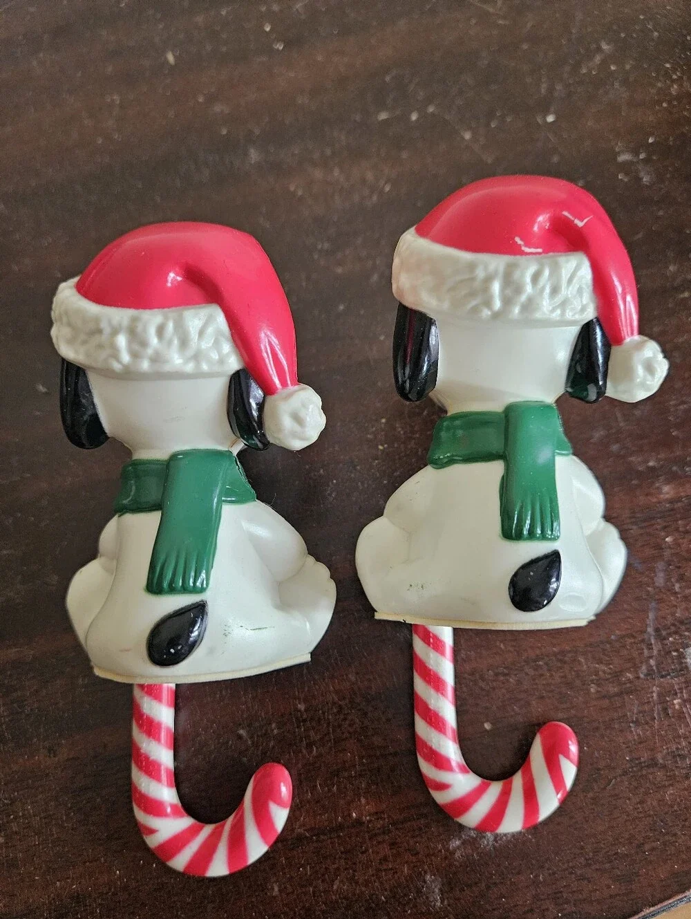Vintage 1986 Snoopy Christmas Stocking Hangers Holders Pair Peanuts Candy Cane